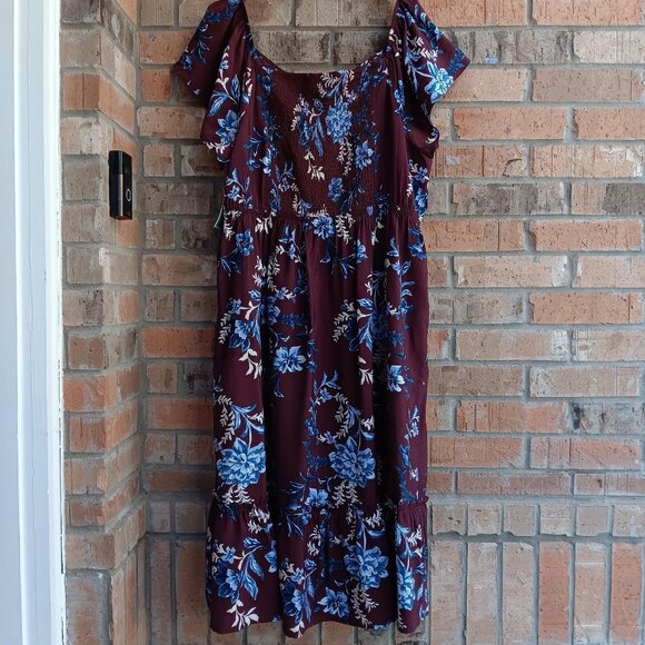 Terra & Sky Women's Plus Flutter Sleeve Midi Tiered Dress Maroon Floral Size 3X - Picture 4 of 15